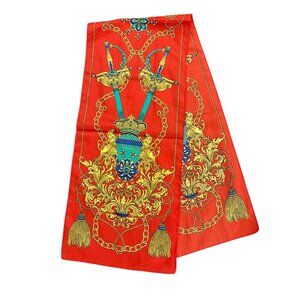 Vintage Silk Scarf Baroque Heraldic Royal Crest Tassels Chain Design Headwear